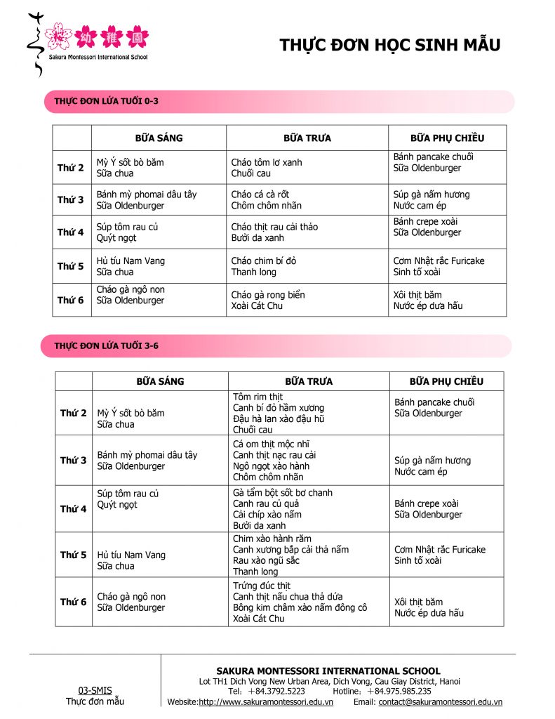 Thực đơn mầm non quốc tế Sakura Montessori